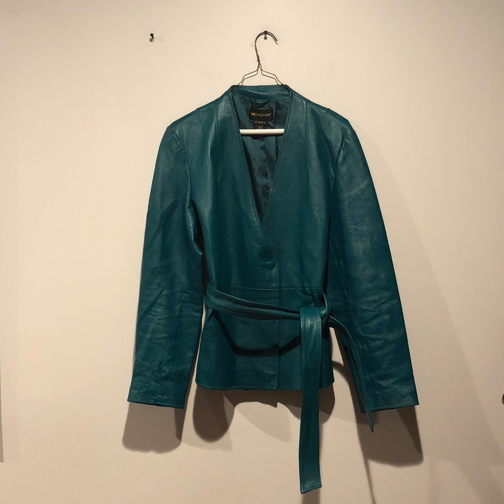 metrostyle Vintage Teal Leather Belted Jacket